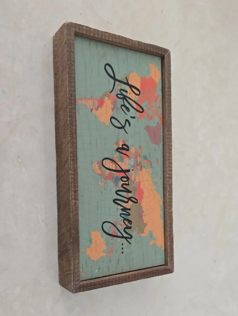 Life's a Journey World Map Wooden Sign - Brown, Blue & Orange